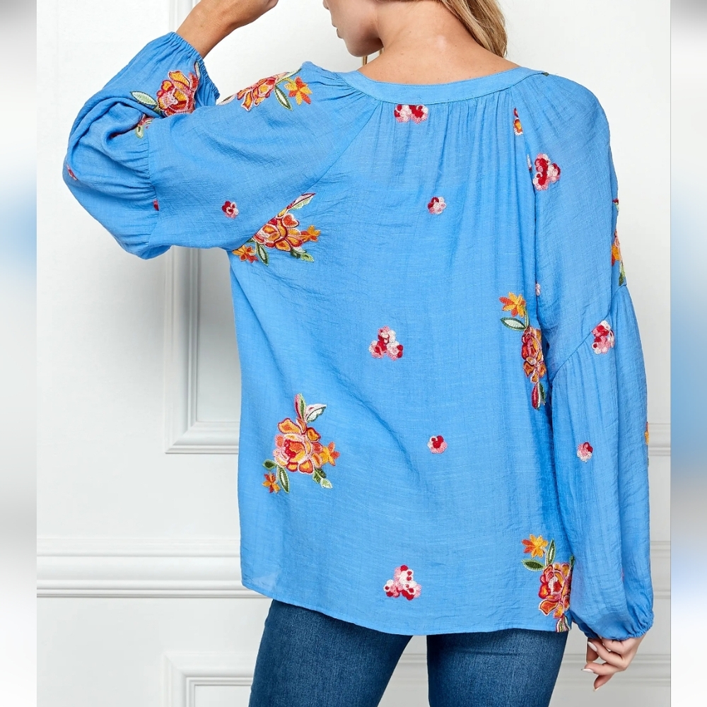 Figueroa & Flower Embroidered Papaya Floral Gauze Blouse Womens M Blue Artsy - Picture 6 of 10